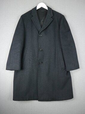Single Breasted 3 Button Wool Coat Mens Dark Charcoal Black Large - XL Vintage